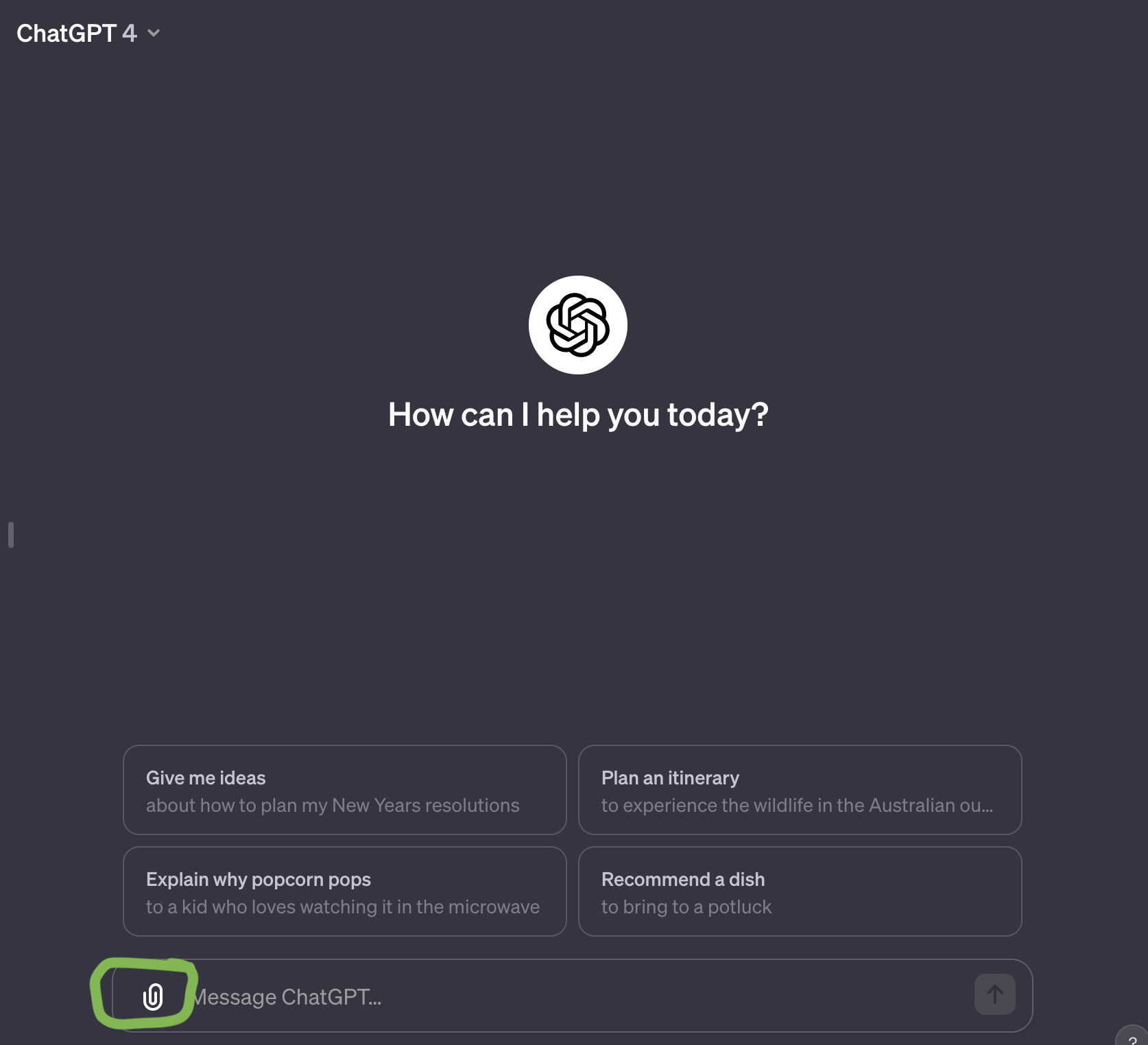 ChatGPT interface showing the image upload button and conversation input field