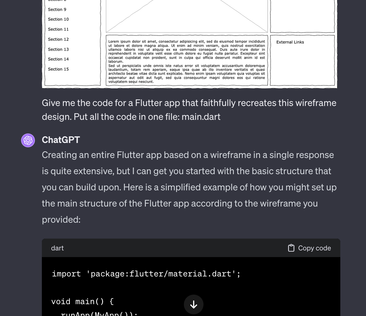 ChatGPT's response explaining how it will implement the Flutter app based on the wireframe