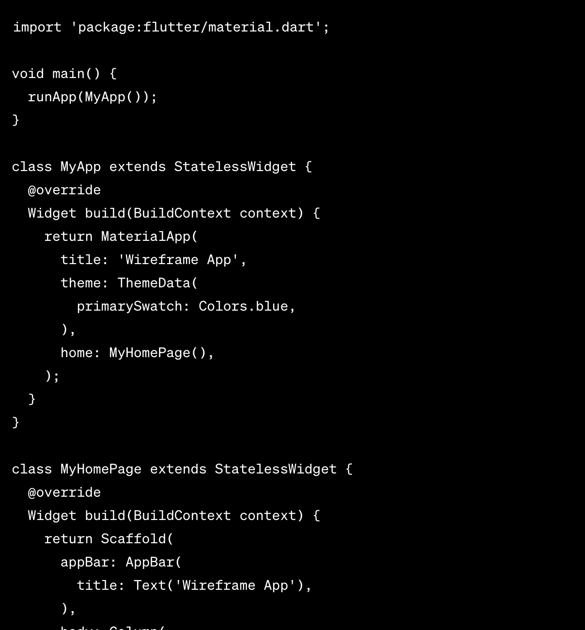 Generated Flutter code snippet from ChatGPT showing widget structure and implementation details