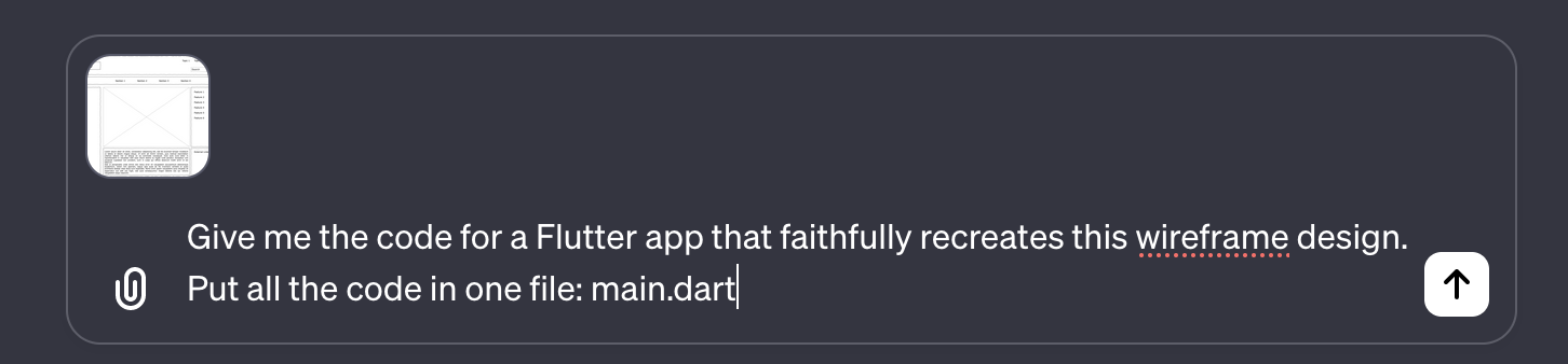 Screenshot of a prompt to ChatGPT requesting Flutter code generation based on the wireframe design
