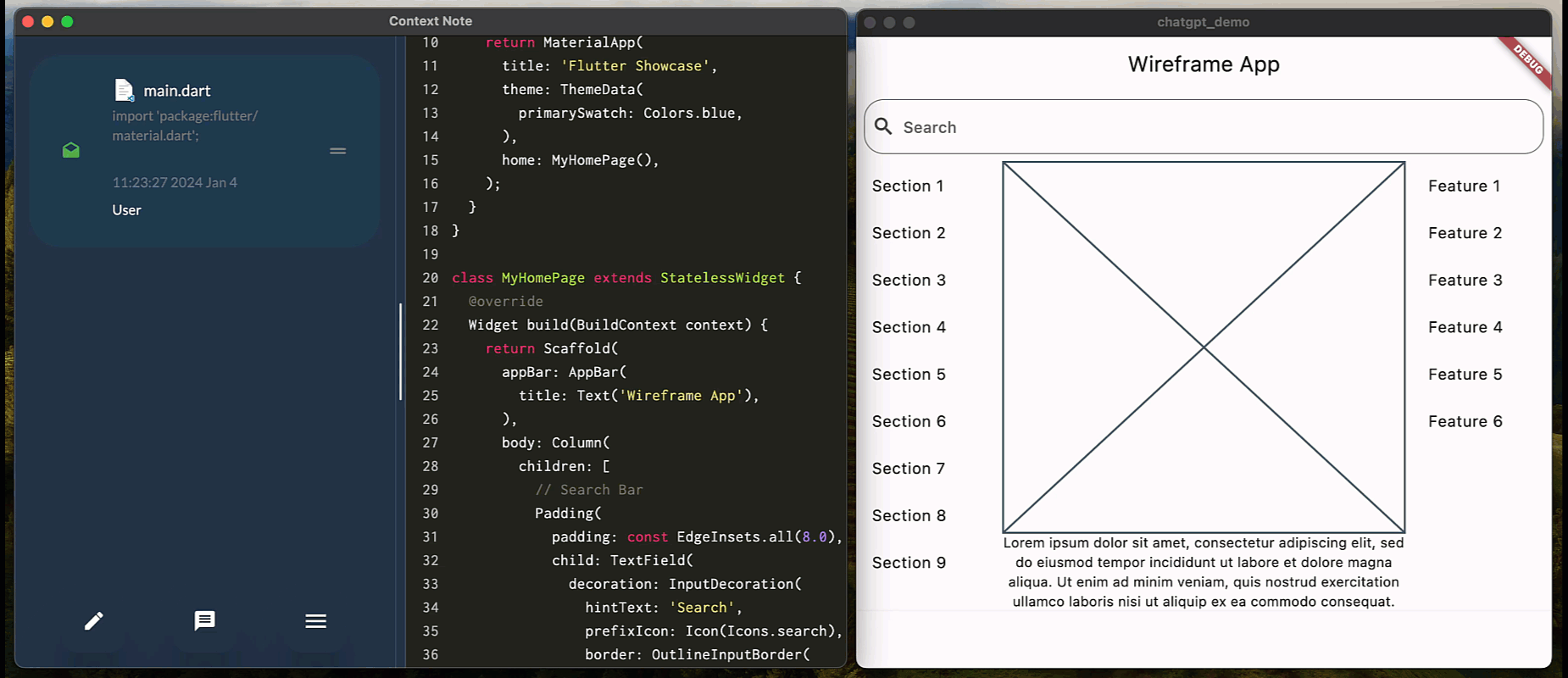 Animated demonstration of Context Note app showing code editing and ChatGPT integration features