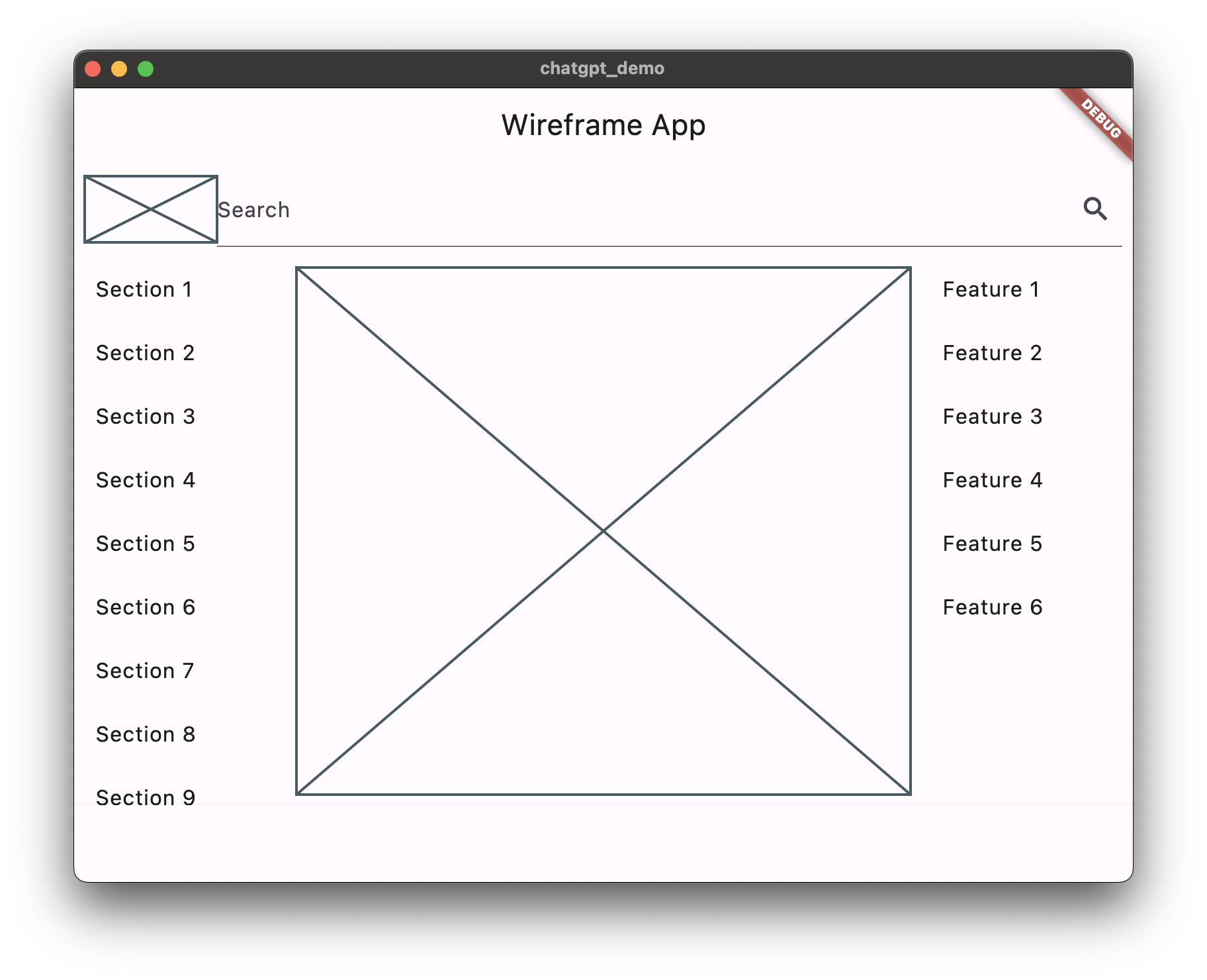 First version of the Flutter app showing the implemented design with a search bar and placeholder content