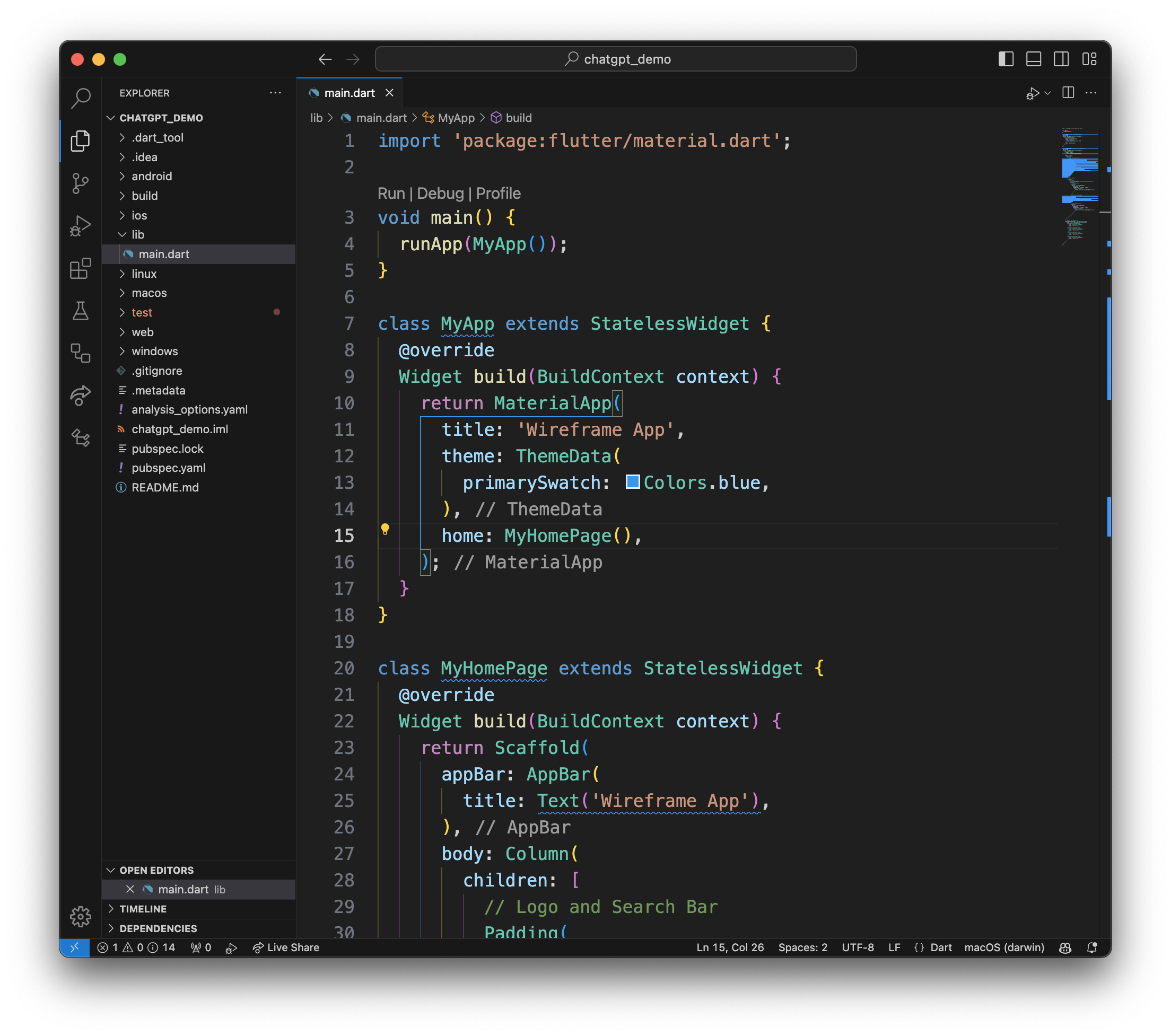 Visual Studio Code editor showing the Flutter code implementation with syntax highlighting