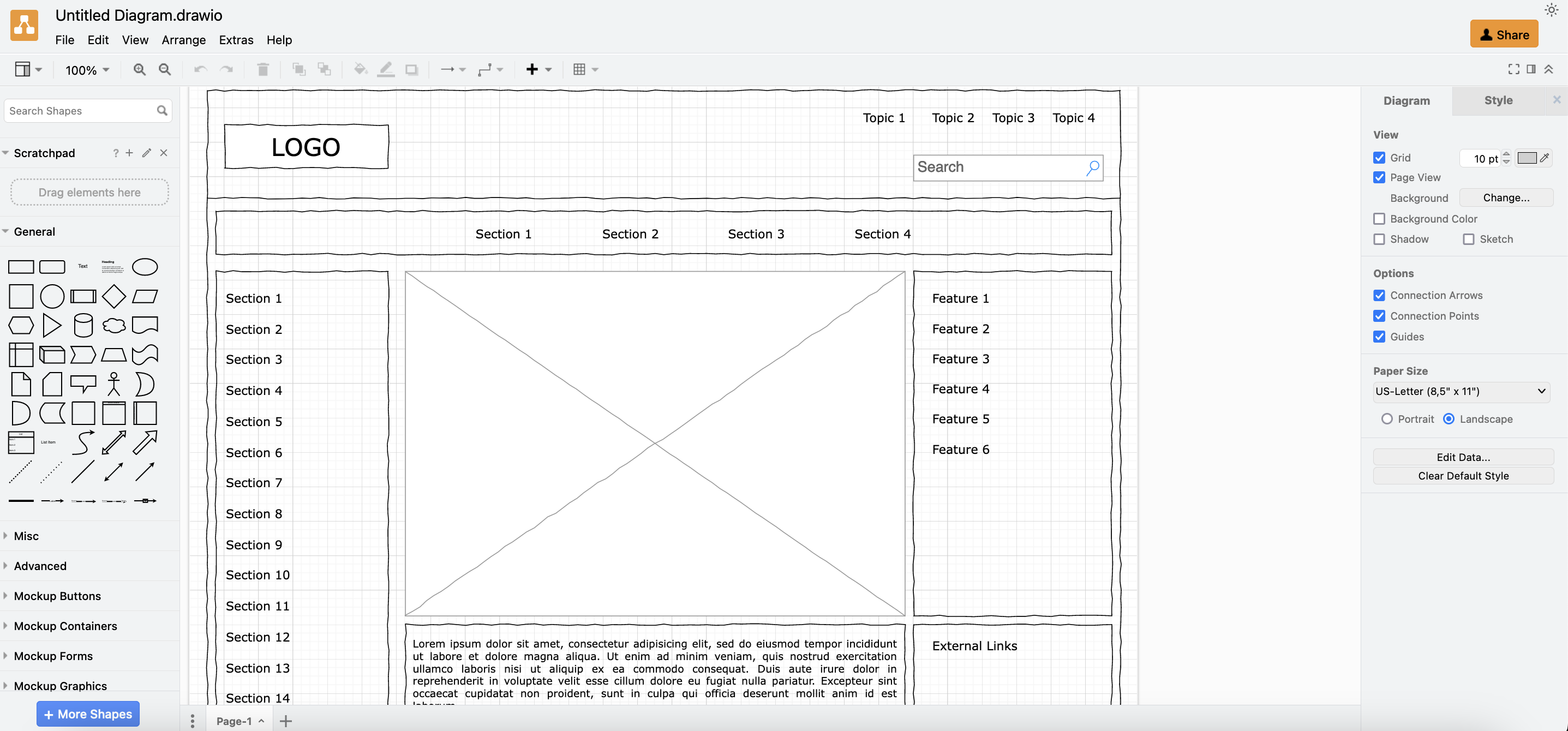 Wireframe design of a mobile app interface created in Draw.io showing layout structure with placeholder elements
