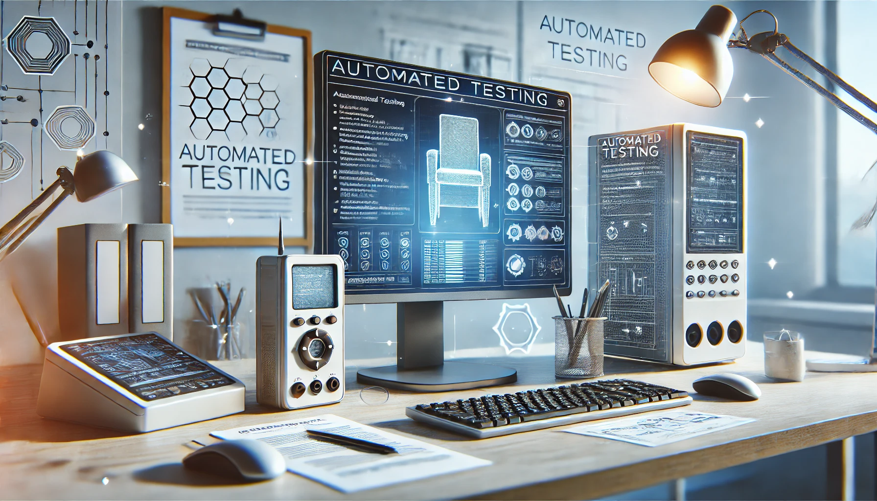 Futuristic image of computer with text about automated testing