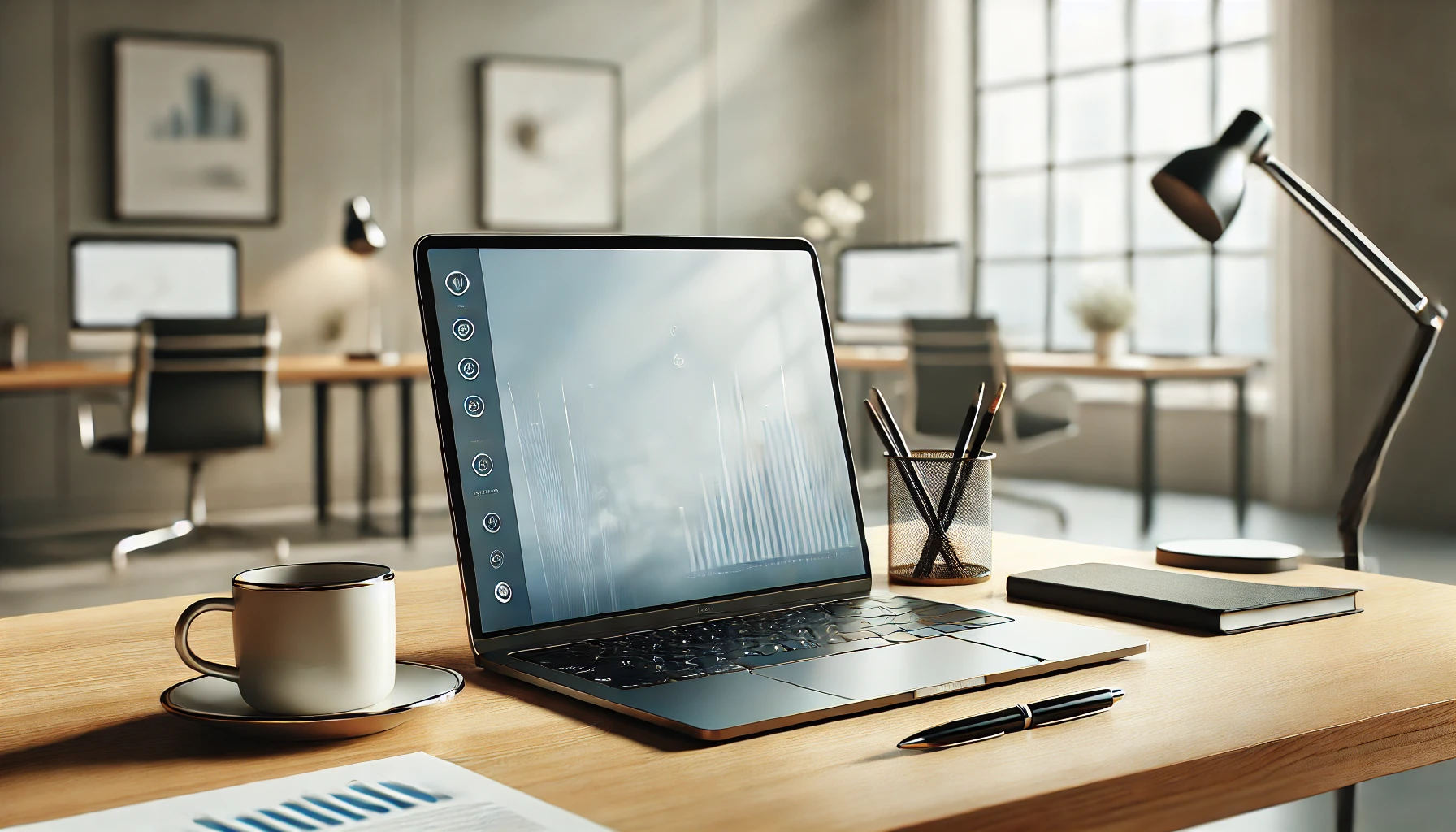 Modern laptop on wooden desk with coffee cup, desk lamp and office supplies in bright workspace with framed artwork