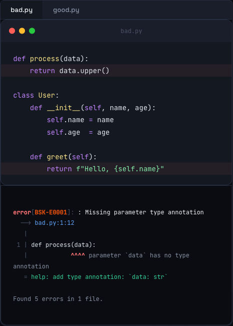 Basilisk flagging bad.py with a rustc-style error[BSK-E0001] reporting a missing parameter type annotation, a suggested fix, and 'Found 5 errors in 1 file'