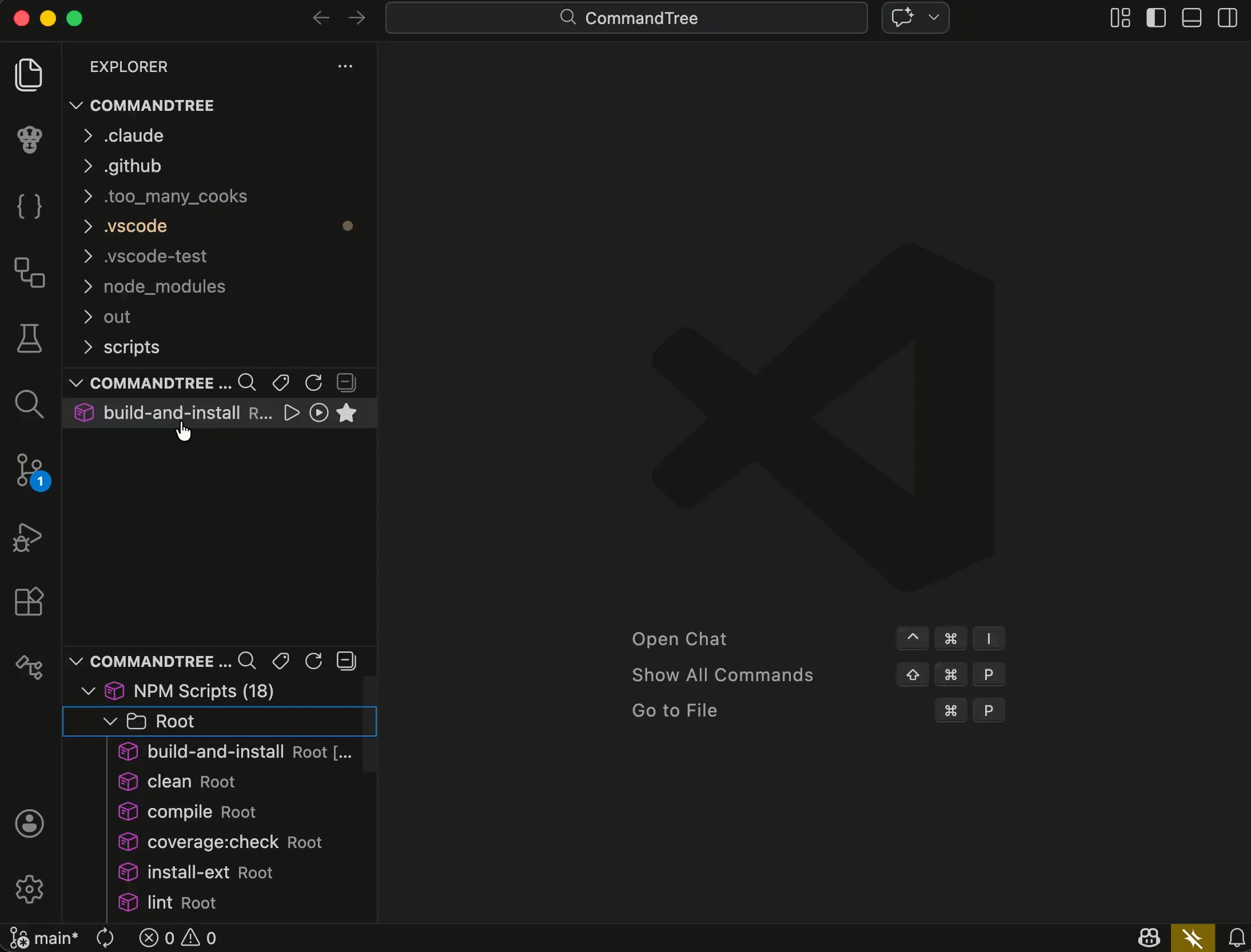 CommandTree VS Code extension showing workspace command discovery sidebar with NPM scripts