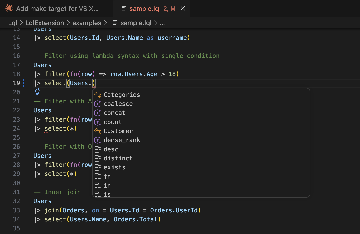 LQL query language with IntelliSense showing schema-aware autocomplete in VS Code