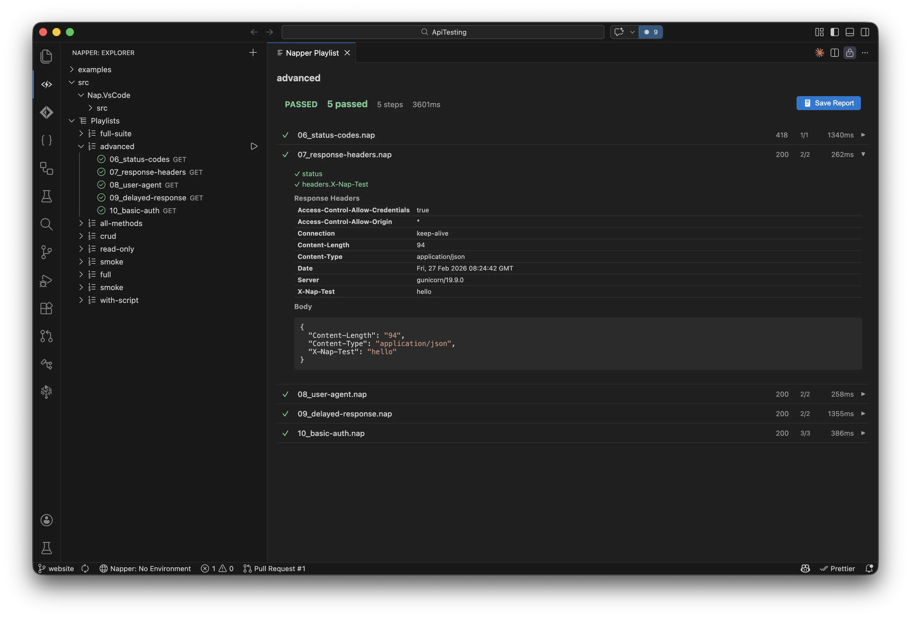 Napper VS Code extension running API test playlist with passed results and response inspection